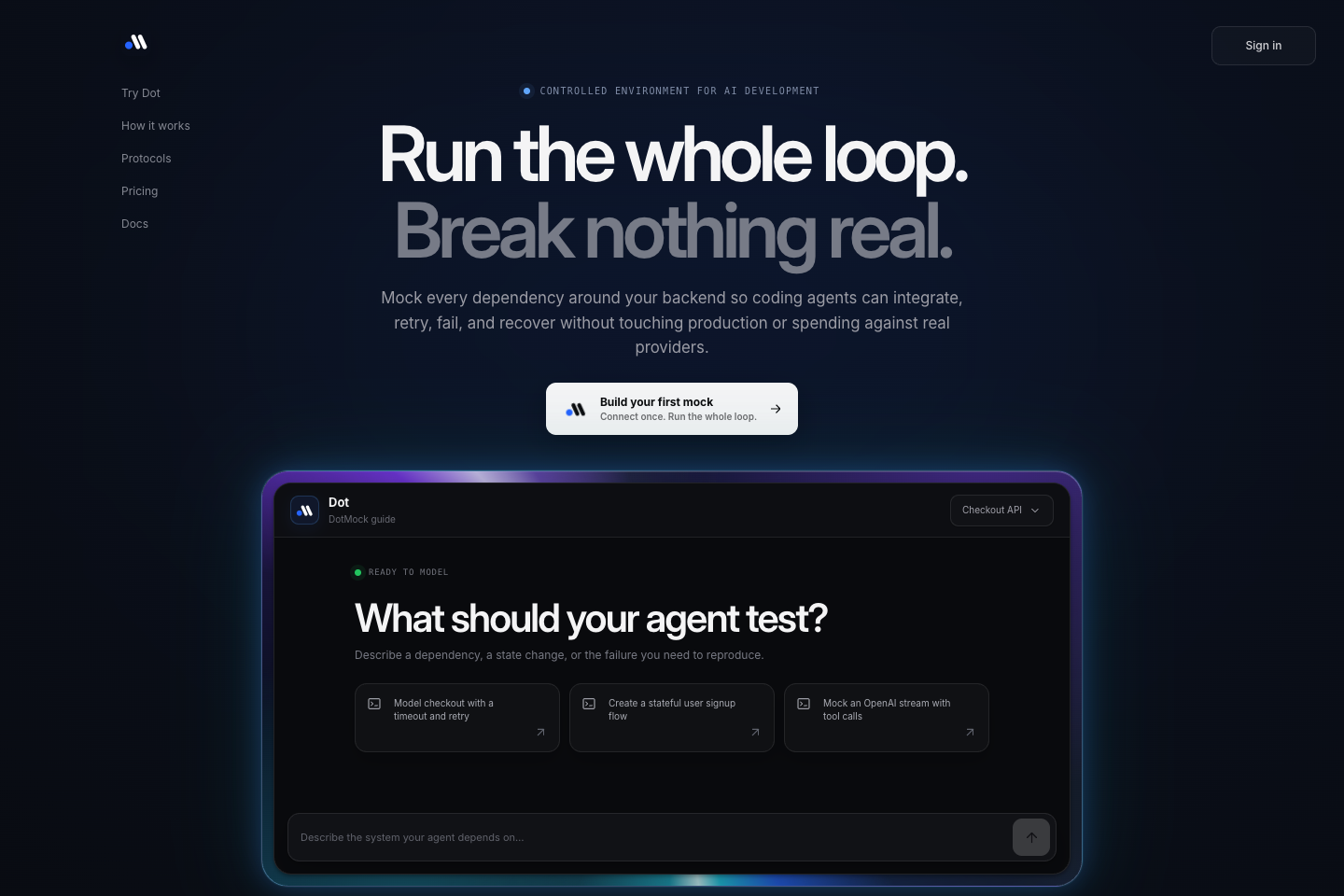 DotMock's live website and interactive guide for mocking dependencies in AI development.